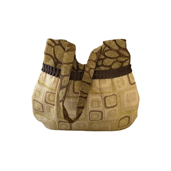 Handcrafted Green Brown Recycled Upholstery Fabric Purse w/Button Closure - Picture 2 of 8